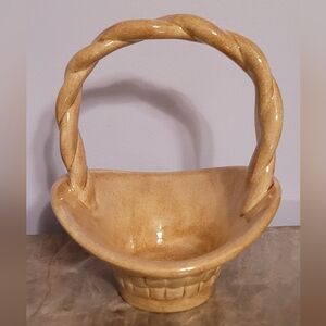 Vintage Handmade Ceramic Basket with Braided Handle- 1990